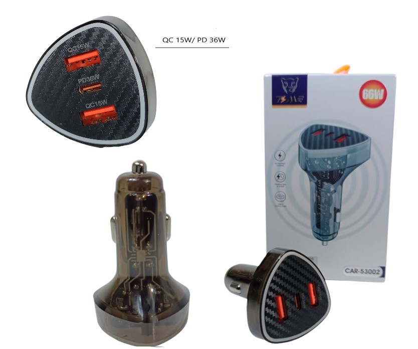 CARGADOR DE AUTO TRANSPARENTE CARGA RAPIDA PD 66W Art. ITCAR53002