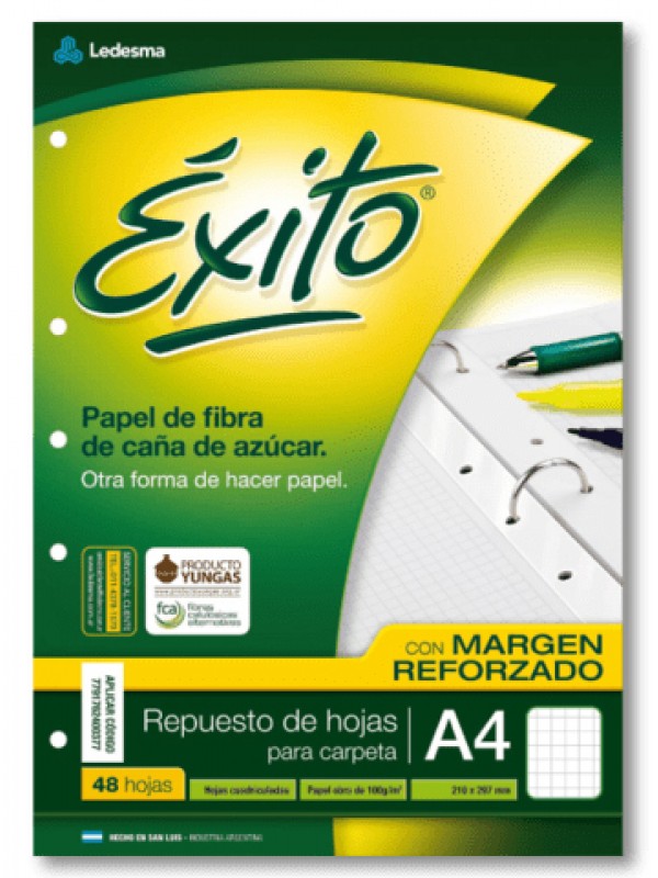 [ML363301] REPUESTO EXITO A4 CON MARGEN REFORZADO x48 HOJAS CUADRICULADO