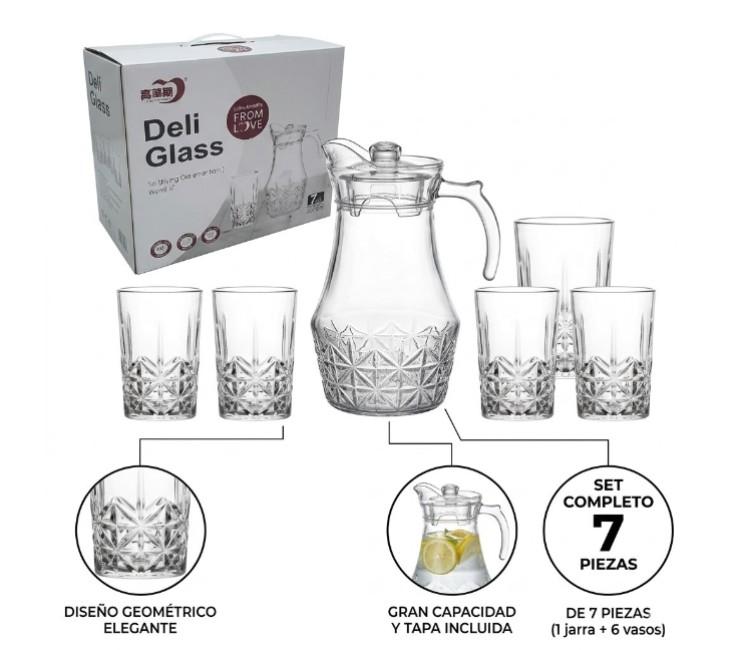 JARRA DE VIDRIO + 6 VASOS DE VIDRIO YZH-41D