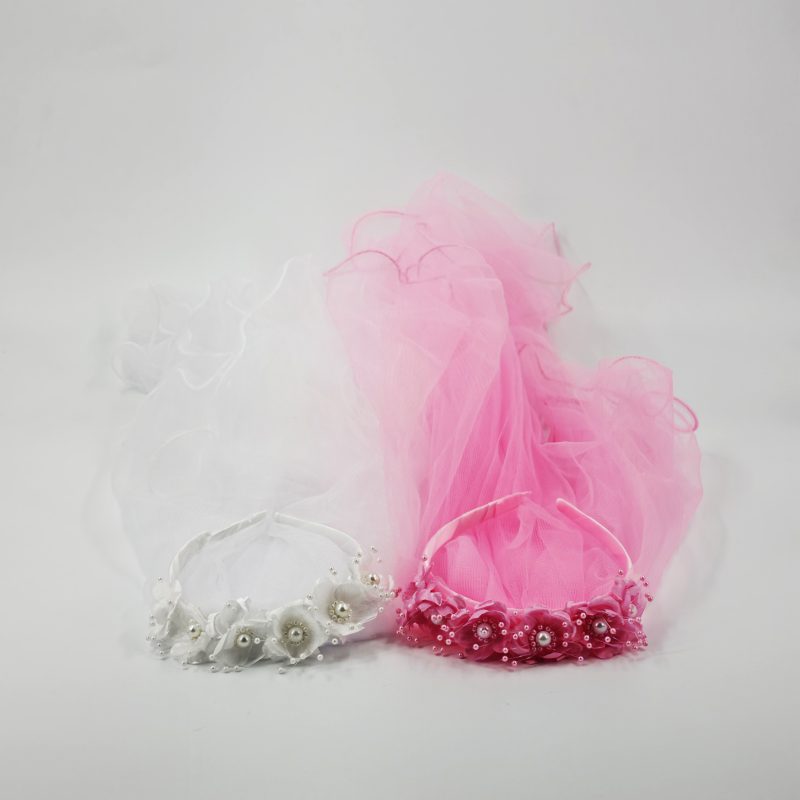 VINCHA FLORES CON VELO DE COTILLON 65CM X12