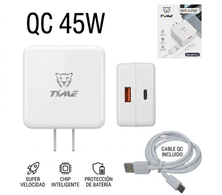 CARGADOR USB CARGA RAPIDA 45W 50-60Hz