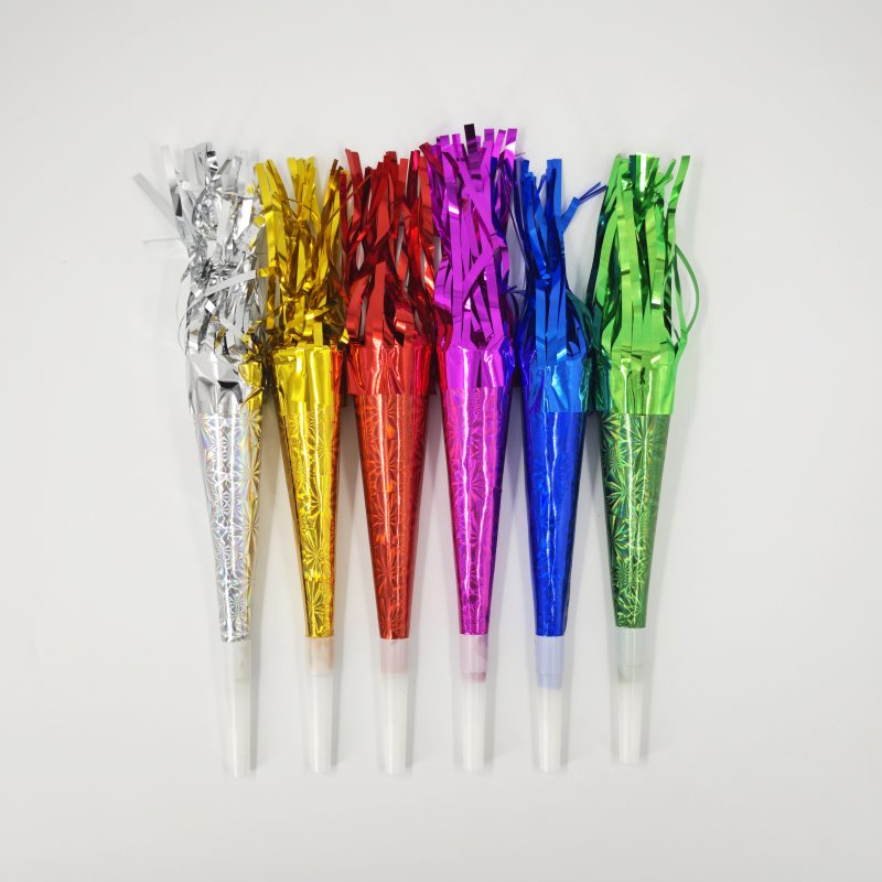 TROMPETA DE PAPEL METALIZADA CON TIRAS X6