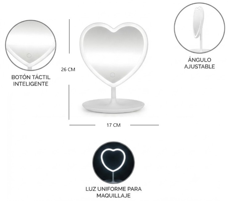 ESPEJO CORAZON MAQUILLAJE C/LUZ LED AJUSTABLE
