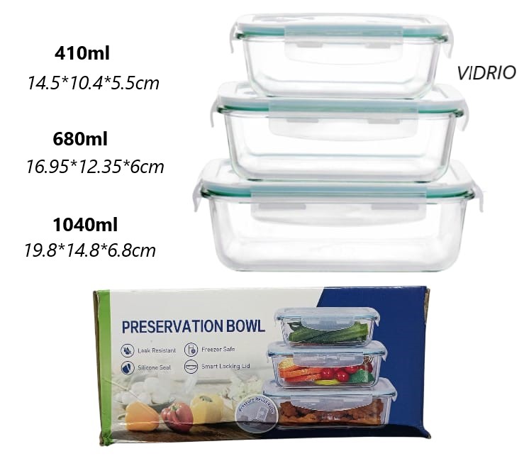 SET DE TAPPER/VIANDA HERMETICA DE VIDRIO 3PCS