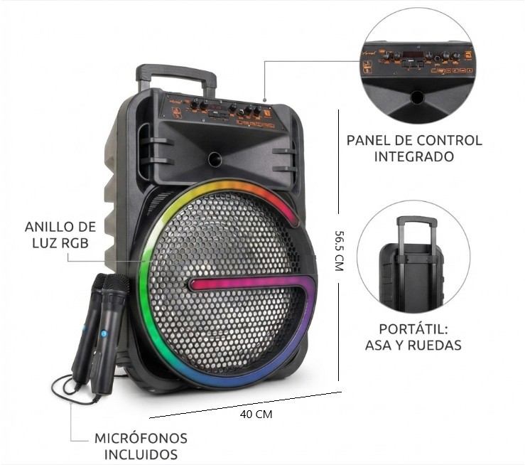 PARLANTE KARAOKE 15PLG RGB BT + 2 MIC