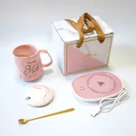 Set de regalo taza rosa y blanco cerámica con calentador USB Día de la Madre